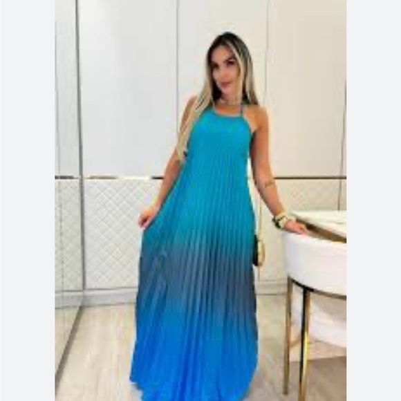 Avenue Blue Pleated Halter Maxi Dress for Weddings - Picture 1 of 7